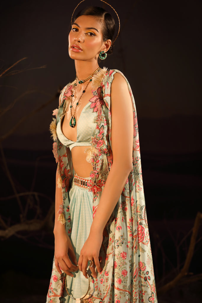 Women's Powder Blue Draped Skirt-Cape Set