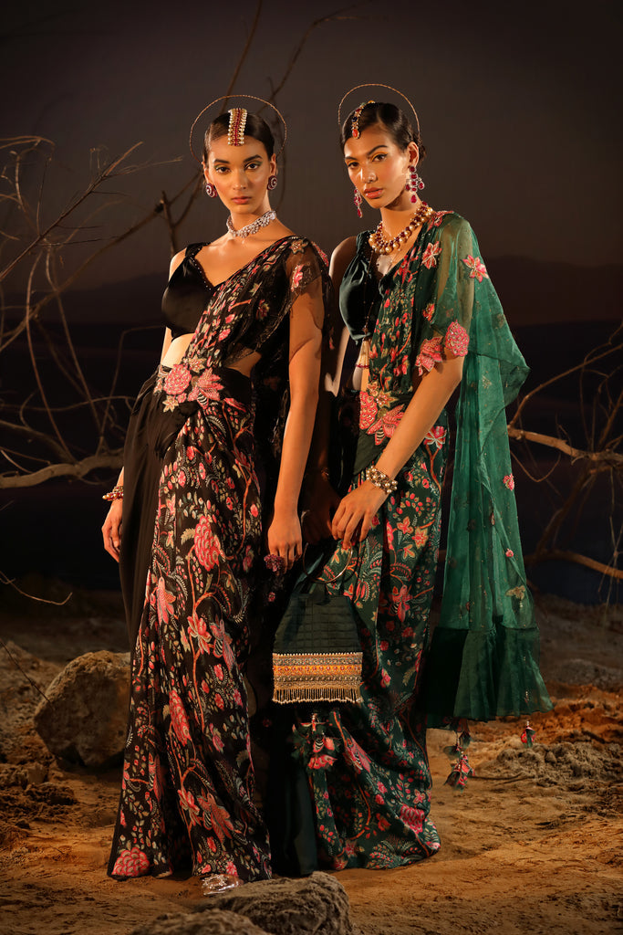 Women's Designer Green Floral Saree Set