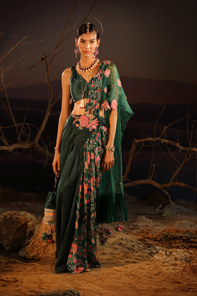 GREEN ORGANZA PALLA SAREE