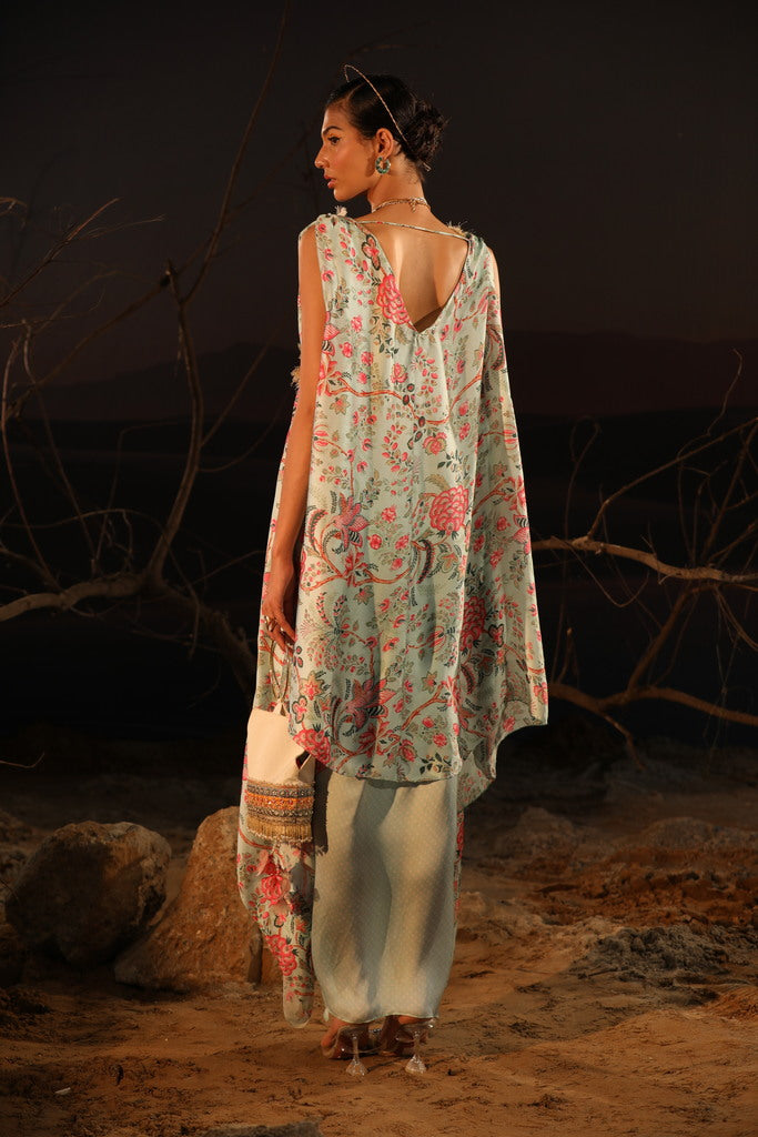 Women's Powder Blue Draped Skirt-Cape Set backview