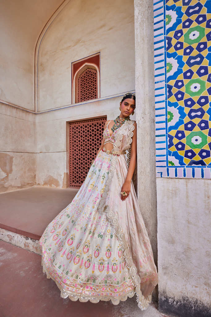 Women's Ivory Chanderi Banarasi Woven Lehenga