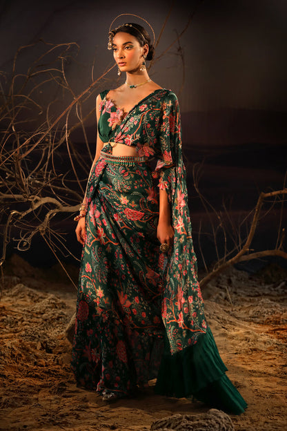Women's Green Satin Organza Saree SetWomen's Green Satin Organza Saree Set