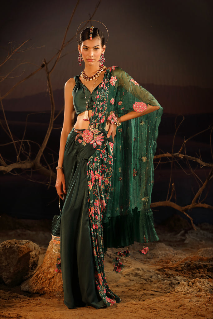 Women's Designer Green Floral Saree Set