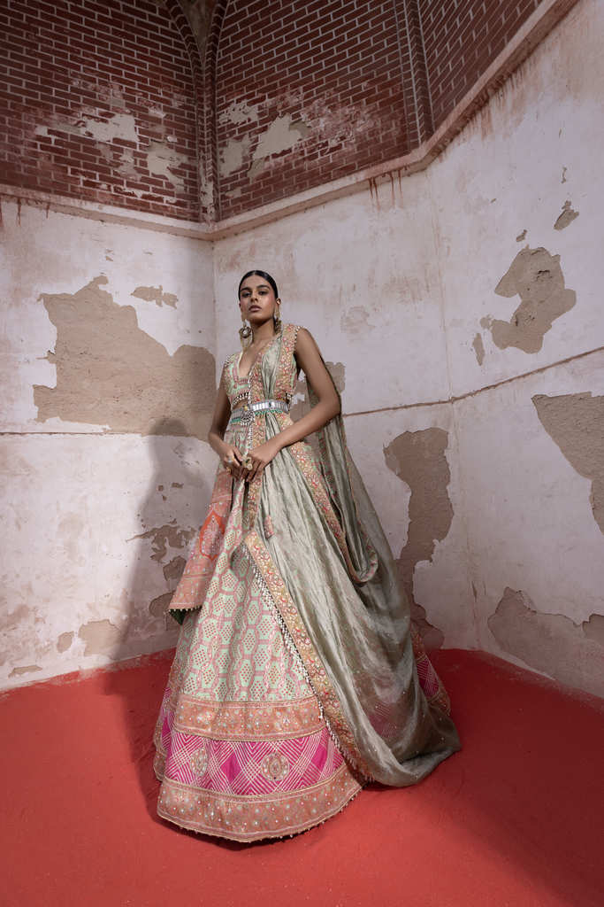  Pista Bandhani Banarasi Woven Lehenga Set