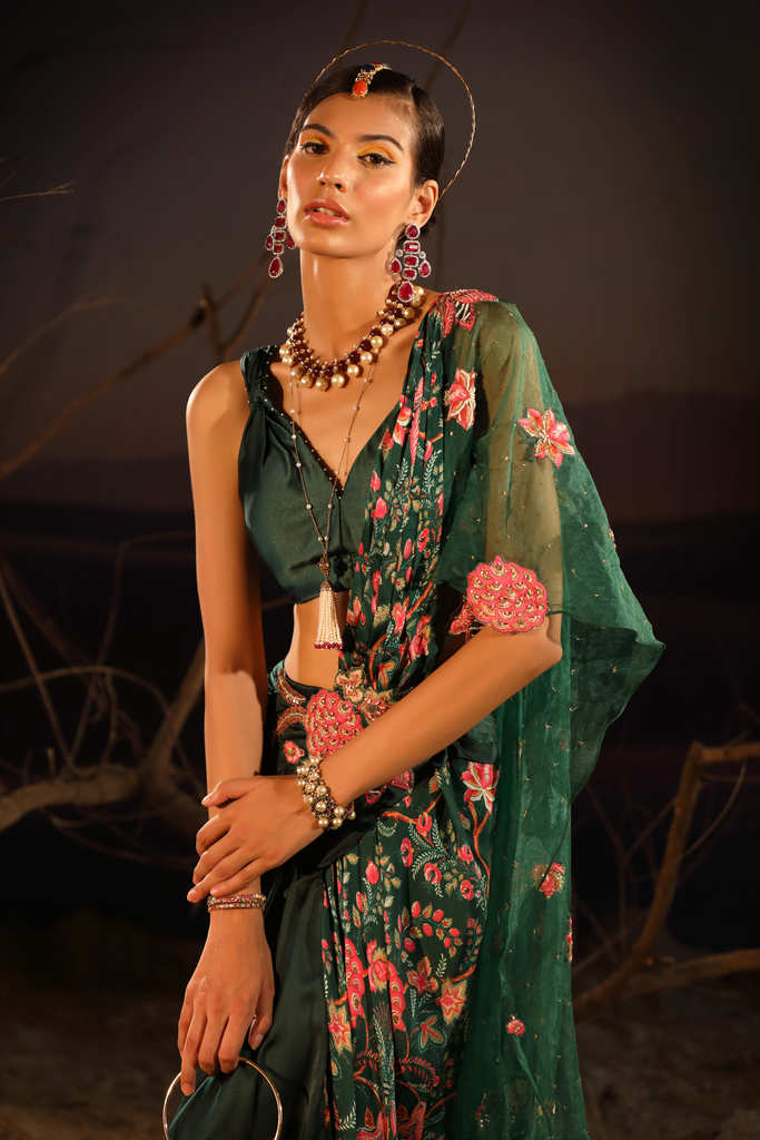 Women's Designer Green Floral Saree Set