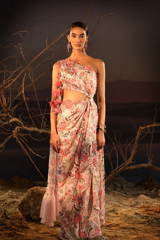 Women's Powder Pink Asymmetrical Saree