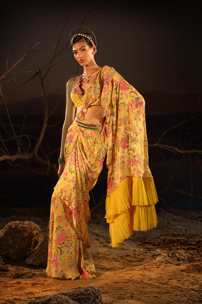  Women's Satin Floral Draped Saree Set