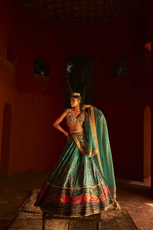 Teal Green Zari Woven Paithani Lehenga