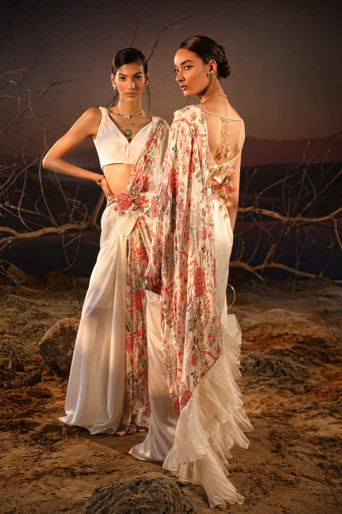 Designer Ivory Floral Satin Saree Set