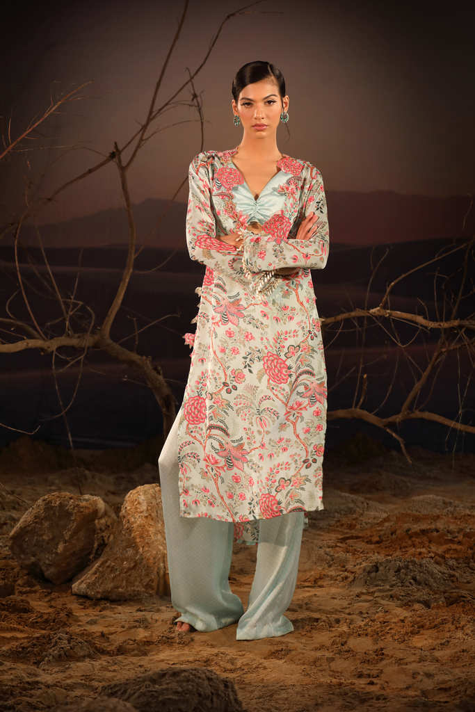 Women's Designer Powder Blue Floral Kurta Set