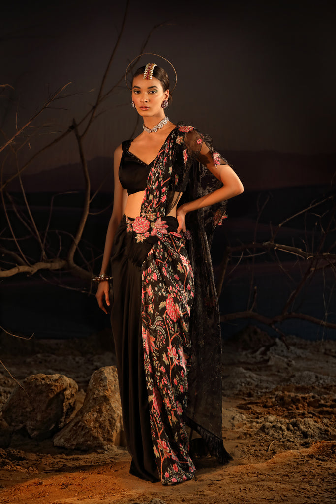 Women's Embroidered Organza Palla Saree Set