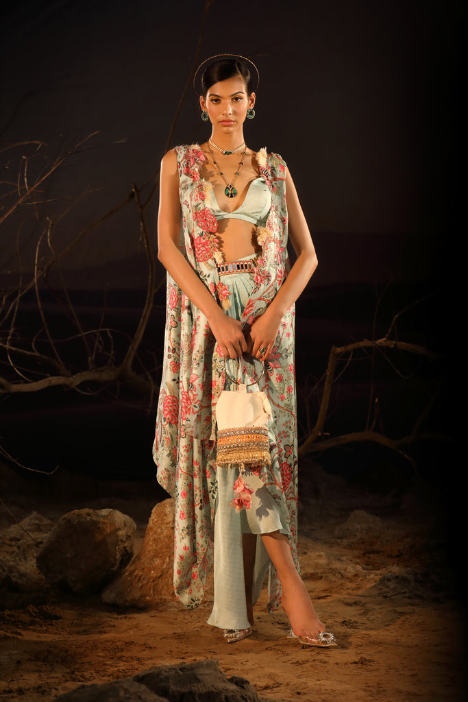 Women's Powder Blue Draped Skirt-Cape Set