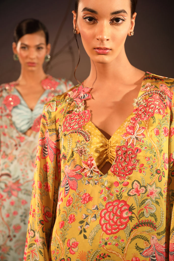  Women's Mustard Floral Kurta Set with V deep neck