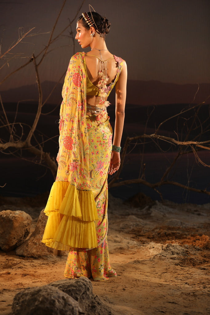 Women's Satin Floral Draped Saree Set backside