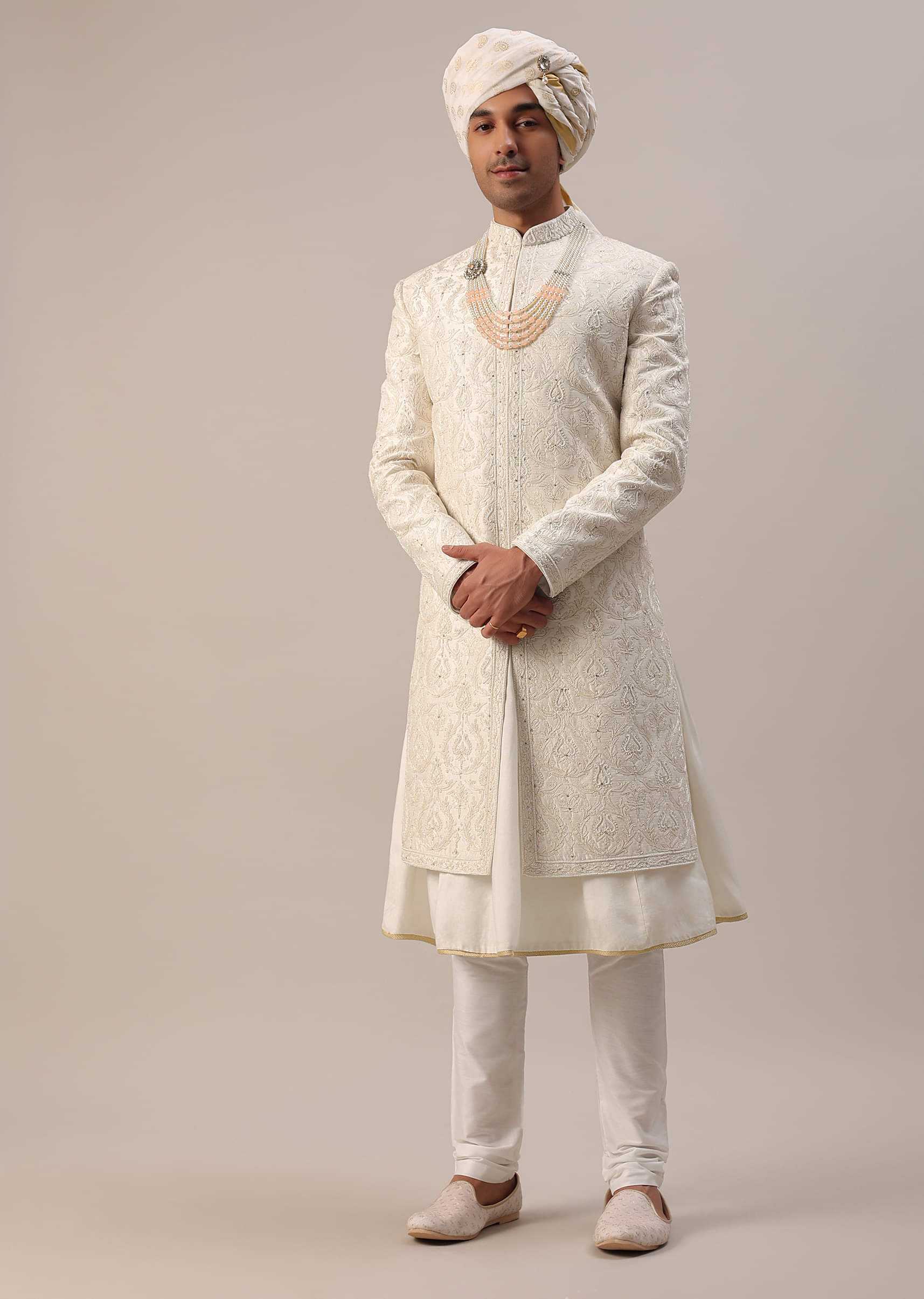 Ivory White Machine Embroidered Sherwani Set In Silk
