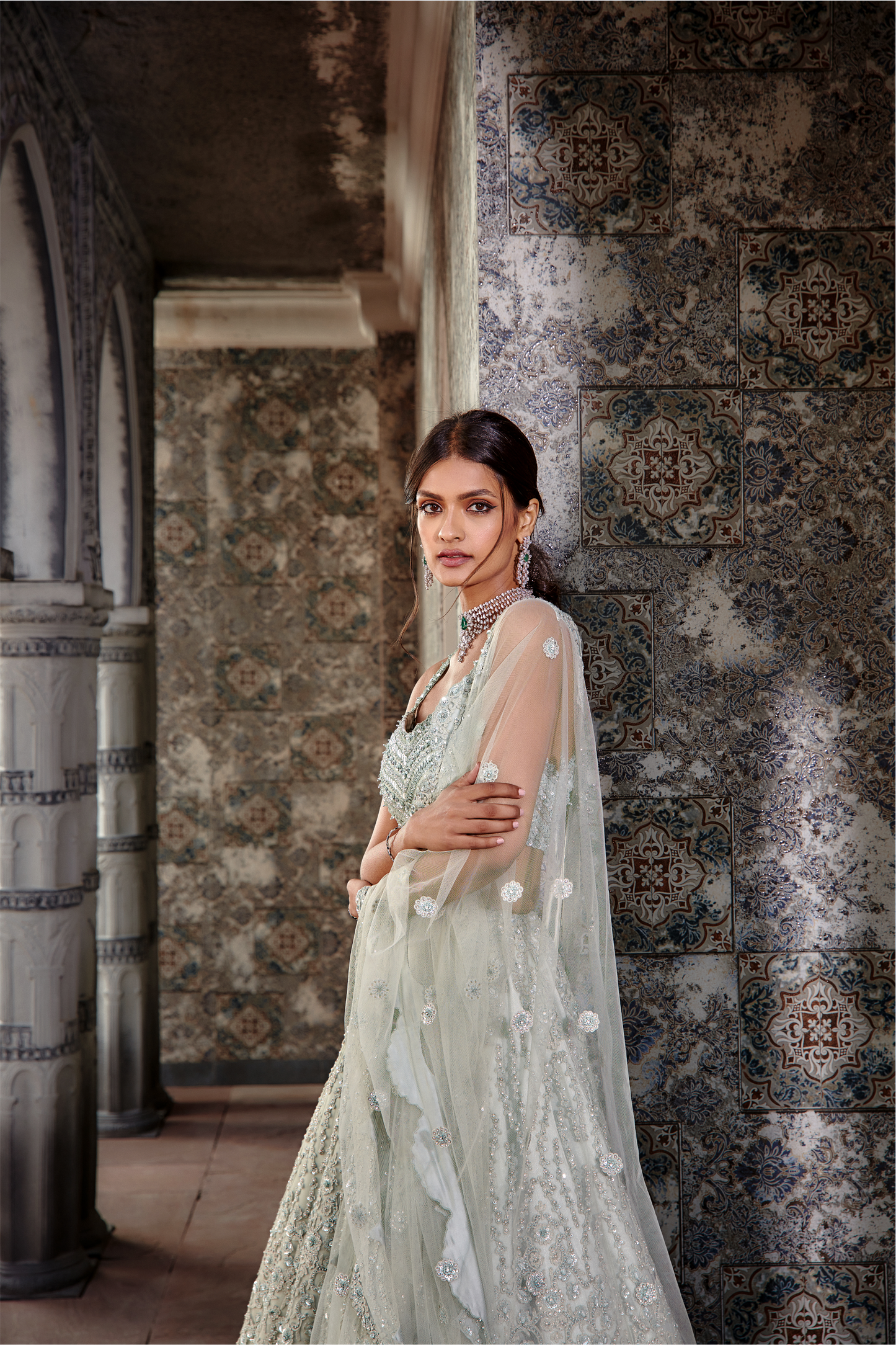 Sage Green Net Ari Lehenga Set