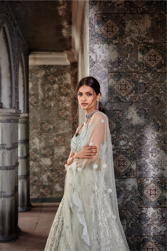 Sage Green Net Ari Lehenga Set