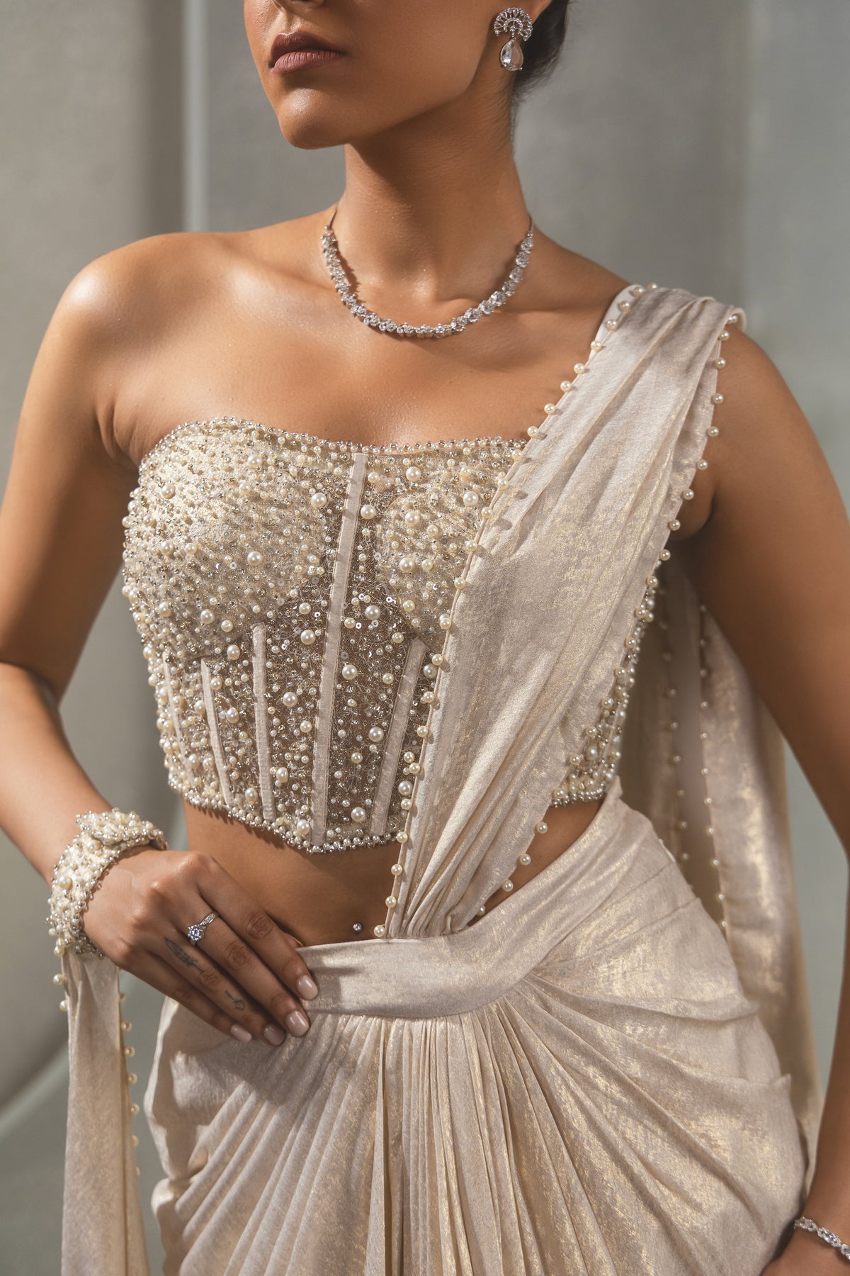White Gold Corset Saree Drape