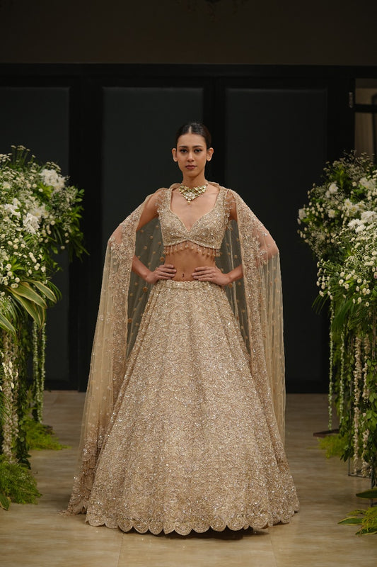 Gold Organza Cutdana Embroidered Lehenga Set