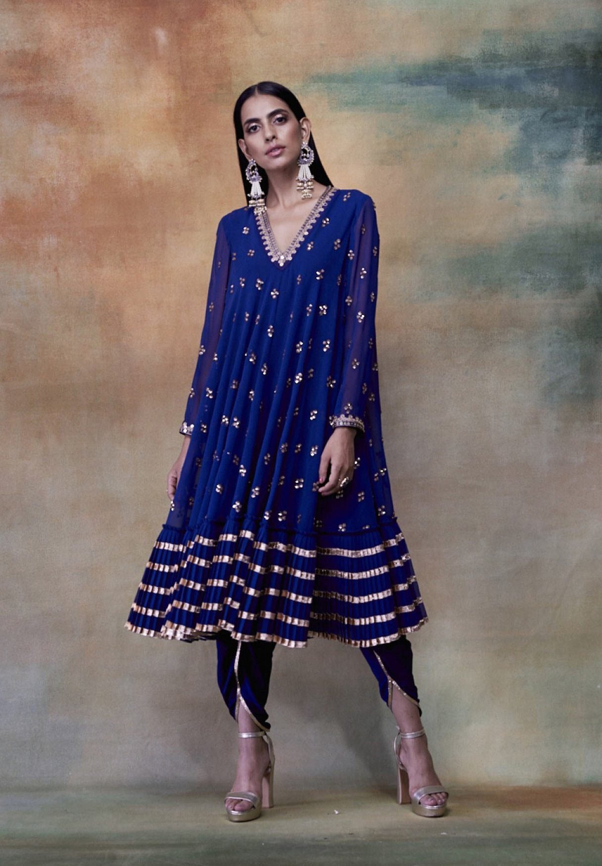 MidNight Blue A-Line Gota Frill Kurta &amp; DhotiI Set