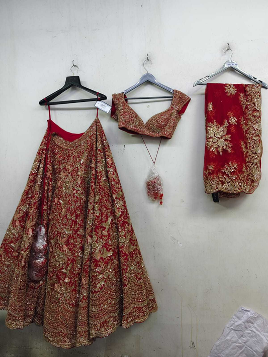 Red Raw Silk Zari Hand & Machine Embroidered Lehenga Set