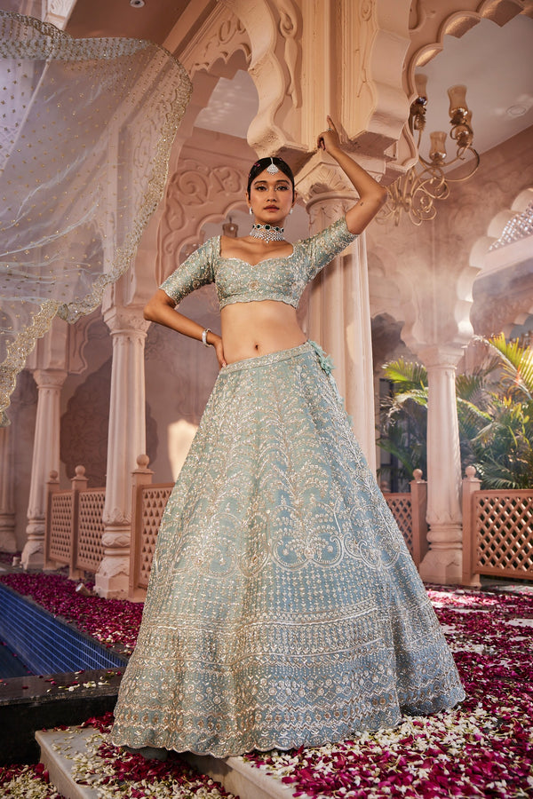 Dusty firoza heavily hand embroidered lehenga