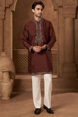 Maroon Raw Silk Hand-Embroidered Kurta Set