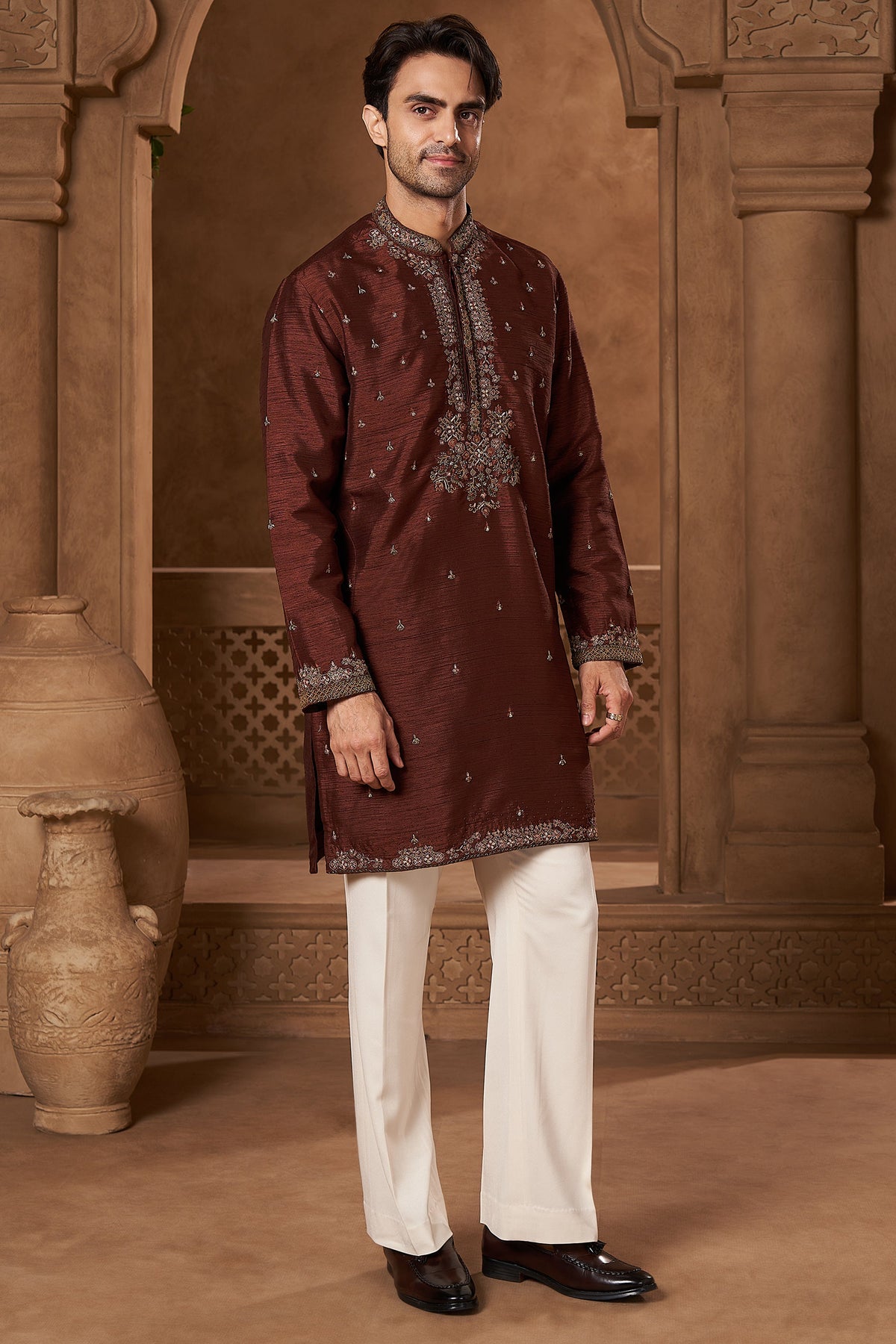 Maroon Raw Silk Hand-Embroidered Kurta Set