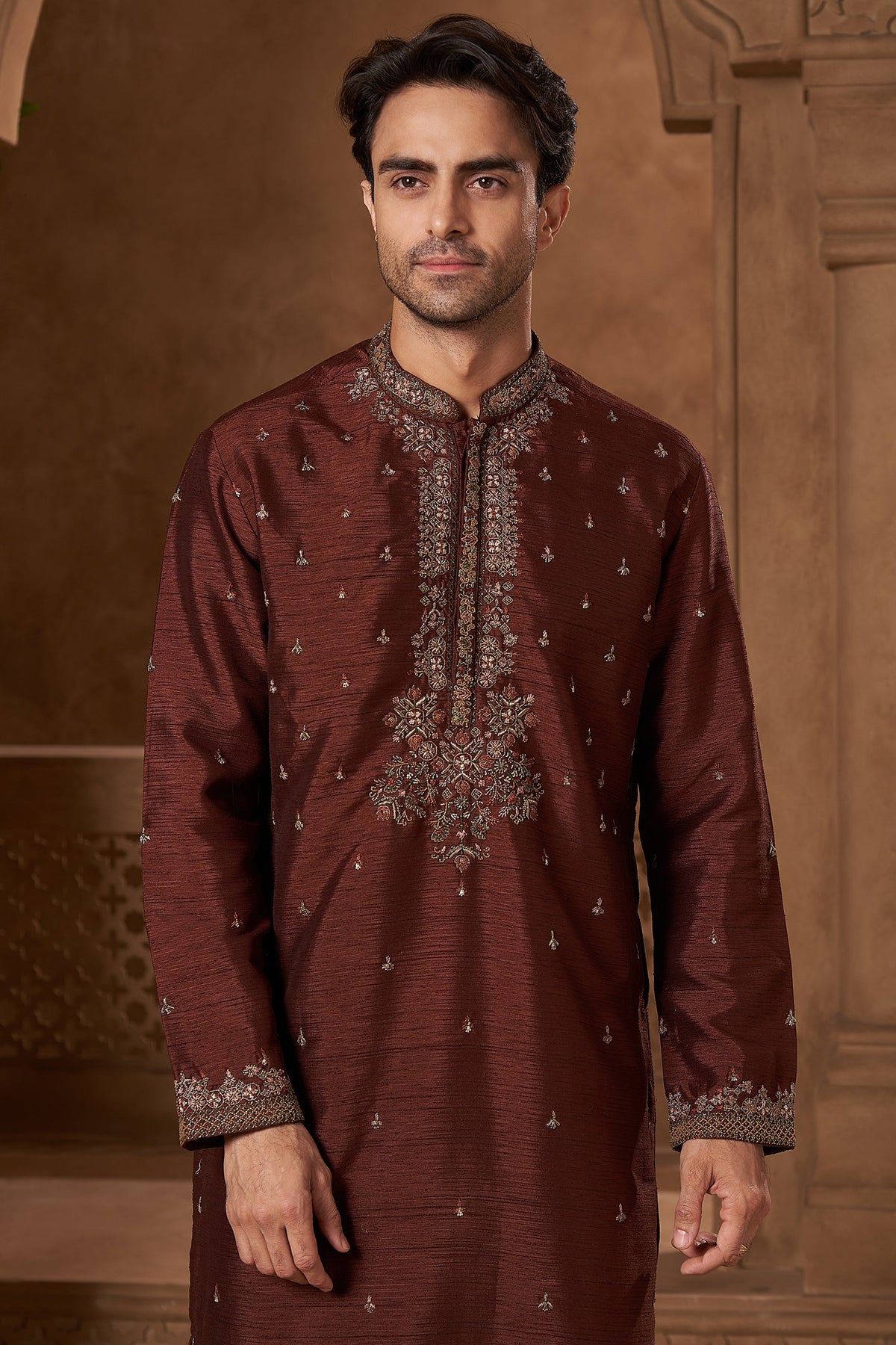 Maroon Raw Silk Hand-Embroidered Kurta Set