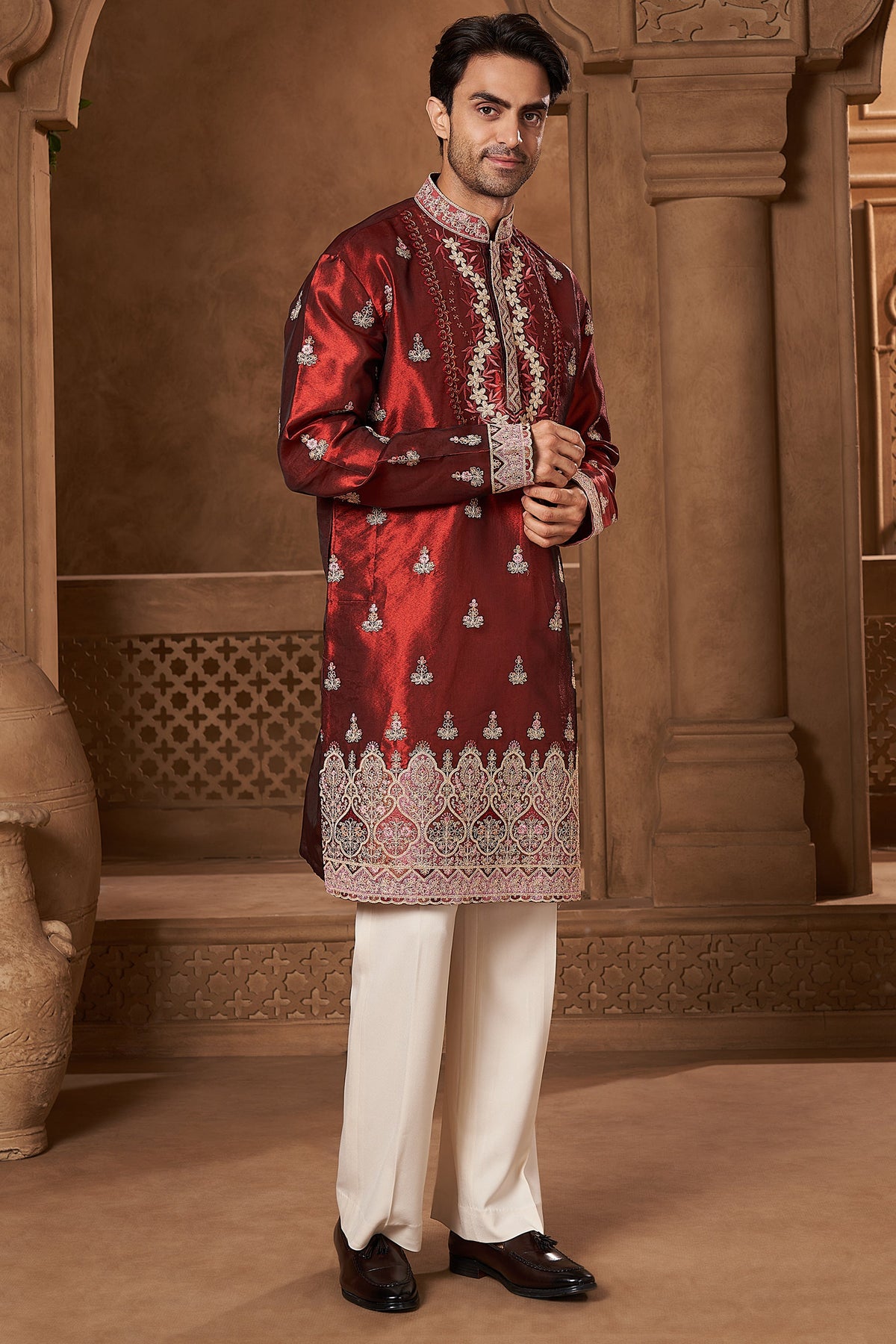 Maroon Tissue Ornamental Kurta Set