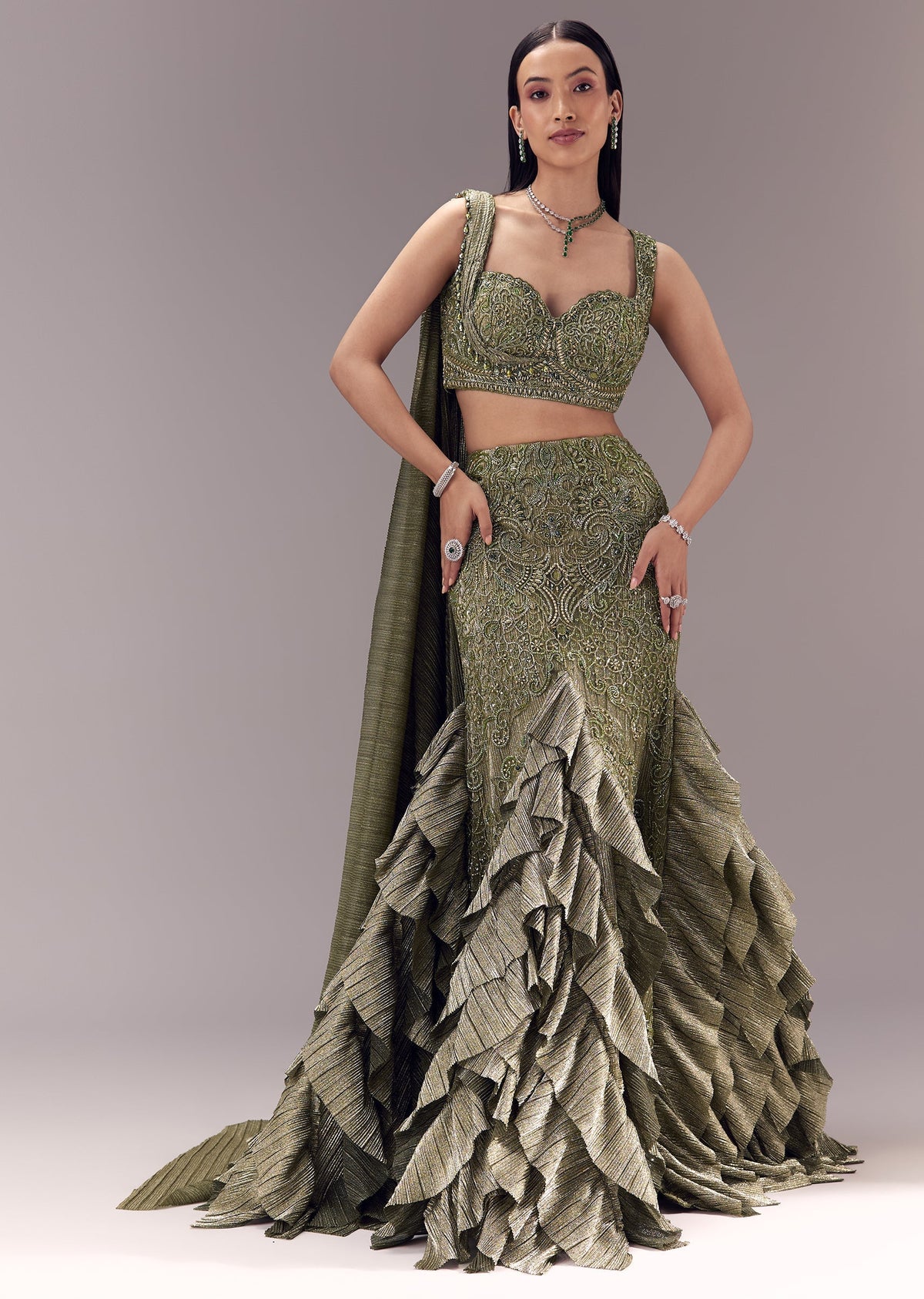 Mehendi Green Draped Blouse With Frill Skirt