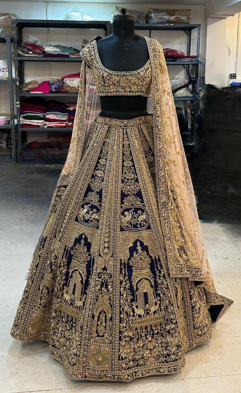 Navy Raw Silk Zari Hand & Machine Embroidered Lehenga Set