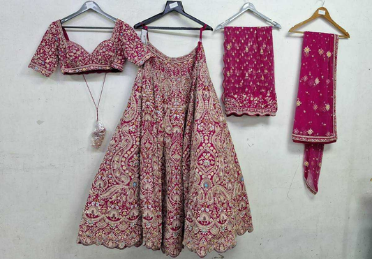 Rani Pink Raw Silk Zari Hand & Machine Embroidered Lehenga Set