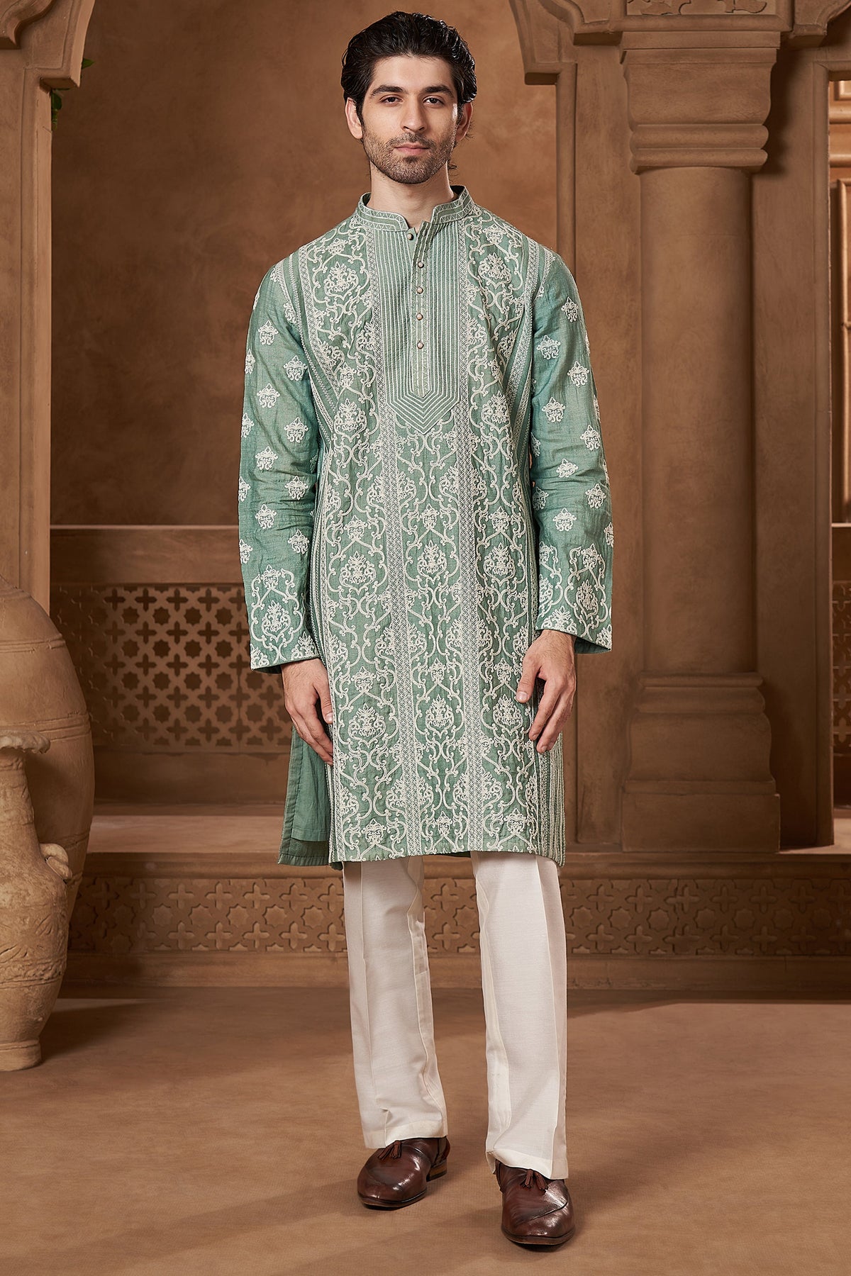 Mint Green Raw Silk Damask Kurta Set