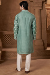 Mint Green Raw Silk Damask Kurta Set
