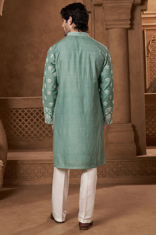 Mint Green Raw Silk Damask Kurta Set