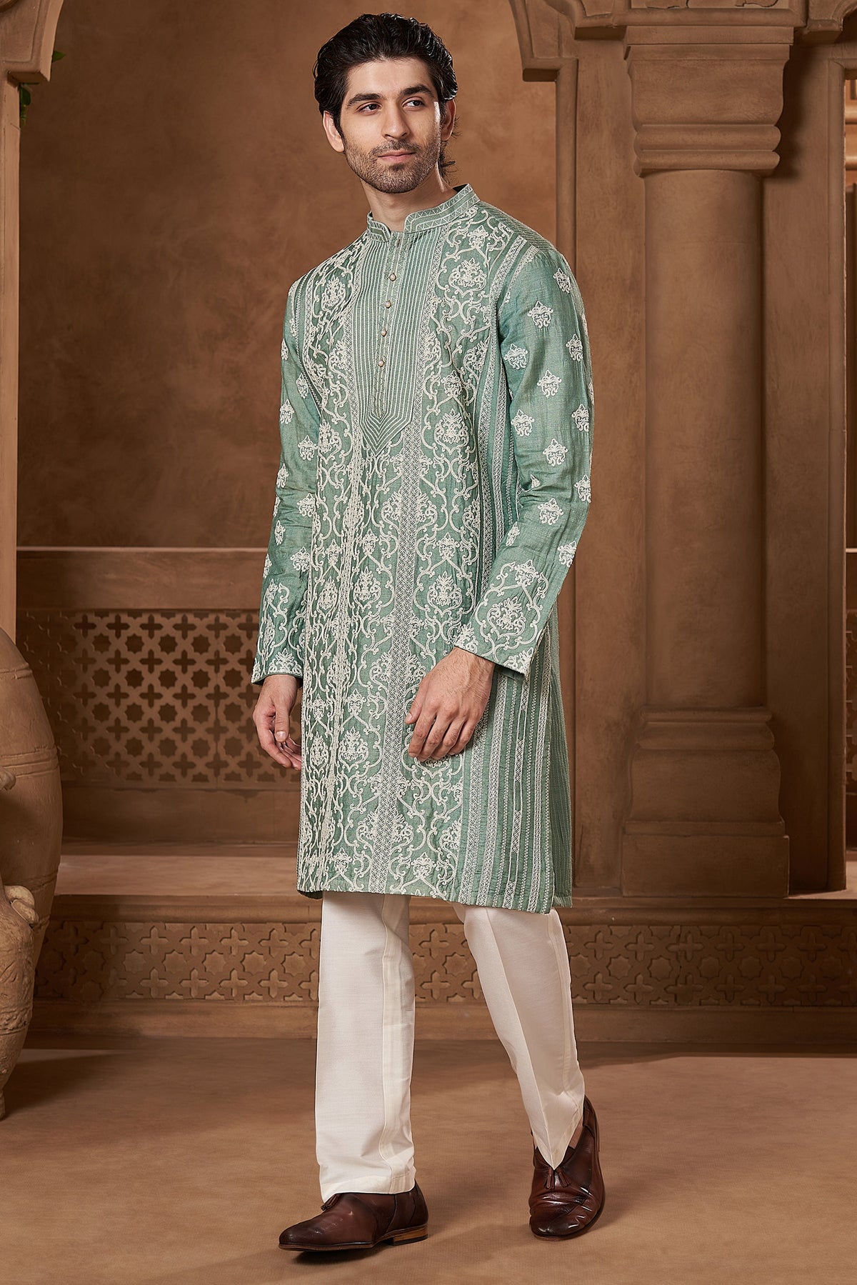 Mint Green Raw Silk Damask Kurta Set