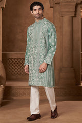 Mint Green Raw Silk Damask Kurta Set