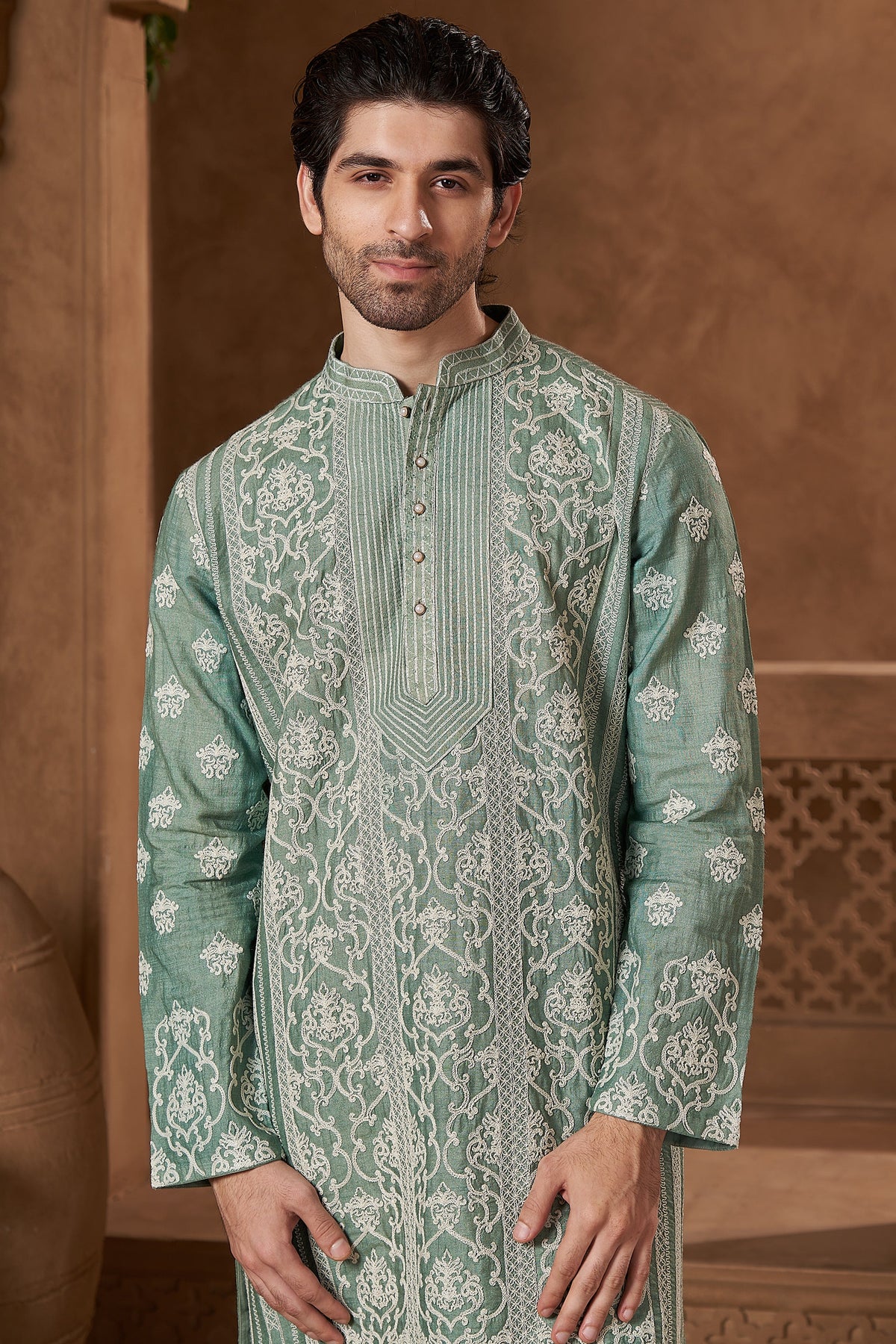 Mint Green Raw Silk Damask Kurta Set