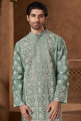 Mint Green Raw Silk Damask Kurta Set