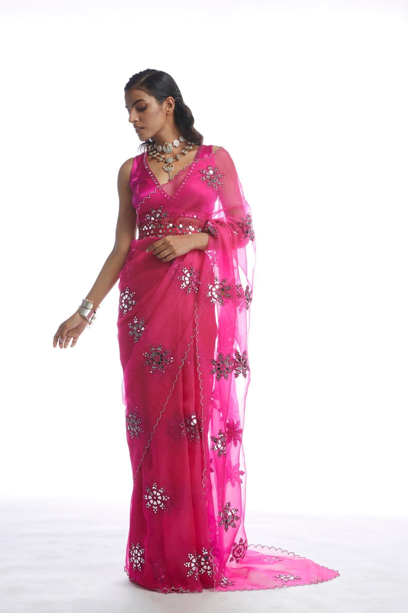 Peacock Pink Mirror Cut-work Saree