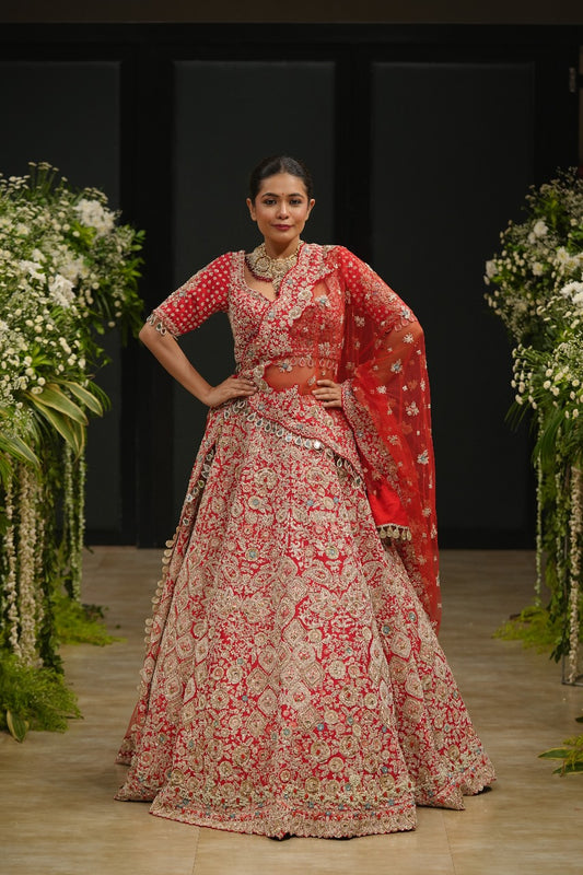 Red Raw Silk Zari Hand & Machine Embroidered Lehenga Set