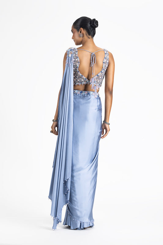 INK BLUE PRE-DRAPED SATIN SAREE
