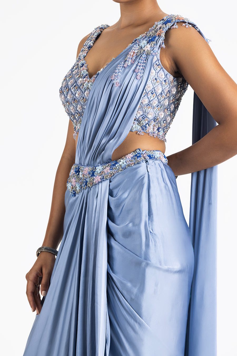 INK BLUE PRE-DRAPED SATIN SAREE