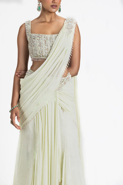 LIME GEORGETTE PRE-DRAPED SAREE