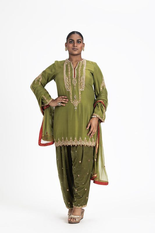 MEHENDI GREEN SILK KURTA WITH VELVET SALWAR