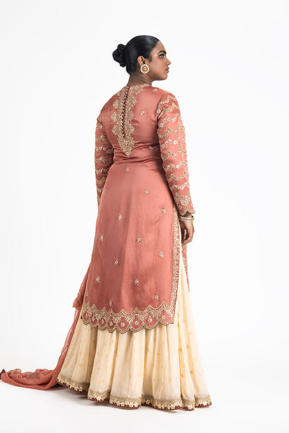 RUST KURTA WITH CREAM LEHENGA SET