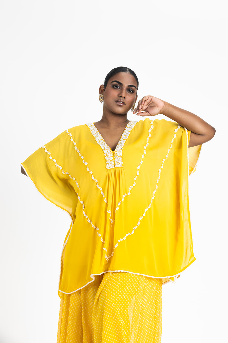 YELLOW GEORGETTE TUNIC WITH PRINTED GEORGETTE COWL SALWAR