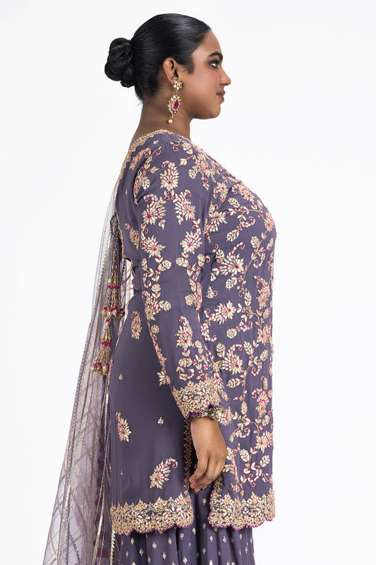 PURPLE GEORGETTE KURTA BENARSI SHARARA AND ORGANZA DUPATTA SET