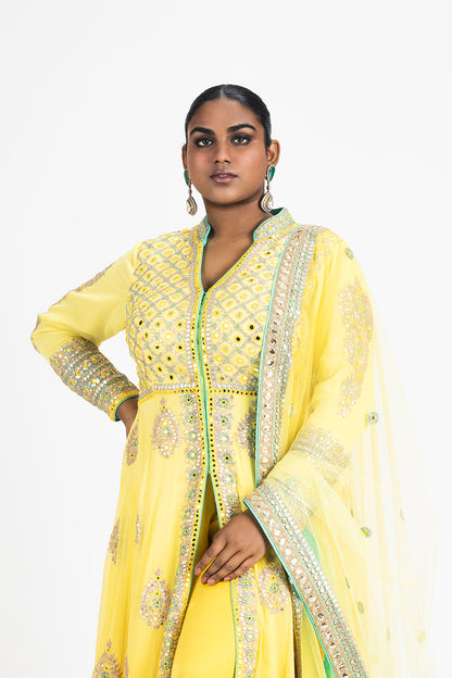 YELLOW OMBRE GEORGETTE KALIDAR JACKET AND SHARARA SET